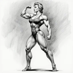 scarlett johansson as body builder, frank frazetta and baki anime style, realistic black and white, most muscular pose, pencil and ink, dramatic lighting, full body profile