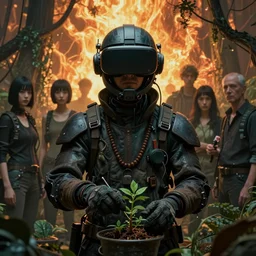 dark cyberpunk gardener in a vr helmet, by francis bacon, by ayami kojima, by amano, by karol bak, greg hildebrandt, by mark brooks, by alex grey, by zdzisław beksinski, by takato yamamoto, ultra detailed, high resolution, ultra detailed, wrapped thermal background