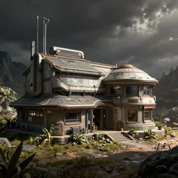 scifi scene, a house, artstation concept art, mass effect textures, unreal engine, octane render, detailed textures, hyperrealism, realistic