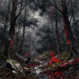 dark and gloomy forest filled with toxic waste, dark stormy sky, raining red rain, watercolor painting