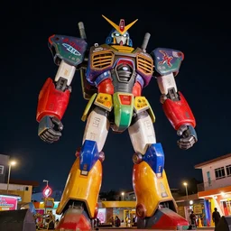 colourful giant mecha ROBOT of AJEGUNLE SLUMS of Lagos, markings on robot, ajegunle is neon lit, Night,