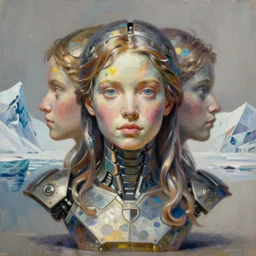 holy young female battle robot award winning portrait bust symmetry tetrachromacy colors arctic background tim hildebrandt wayne barlowe bruce pennington donato giancola larry elmore masterpiece trending on artstation cinematic composition beautiful lighting hyper detailed!!! 8 k oil on canvas desaturated