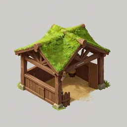 isometric medieval horse stable with green roof, on grey background, artstation,