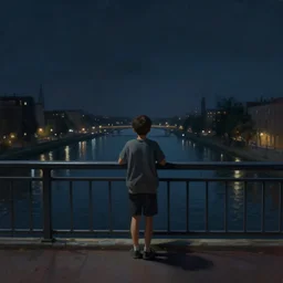 a lonely boy on a city bridge looking to the river at night, digital painting, masterpiece, digital art, hyperrealistic, concept art, octane render, unreal engine 5, trending on deviantart, sad atmosphere, centered, anatomically correct, oil painting, high contrast, serene scenery, loneliness, path traced, dark night, paul lehr