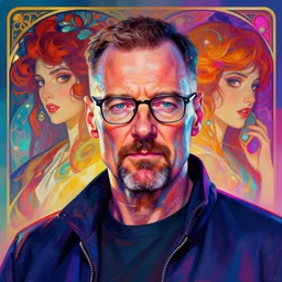 portrait of walter white, by etam cru, cyberpunk color, colorfull, by alphonse mucha and josan gonzales, by surudenise, beautiful, colorful background, refraction and reflexion, digital painting, dynamic colors, artstation, neon