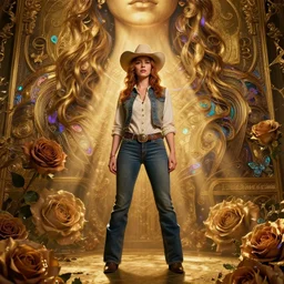 perfectly - centered!! looking at the camera!!! low - angle!! full body portrait of christina hendricks as a cowgirl, clothed, godrays, golden, baroque style, roses, intricate abstract upper body intricate artwork, by tooth wu, wlop, beeple, dan mumford. concept art, octane render, deviantart, greg rutkowski, cinematic arthouse, key art, hyper realism, iridescent accents