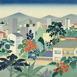 a city full of various plants, Kawase Hasui,