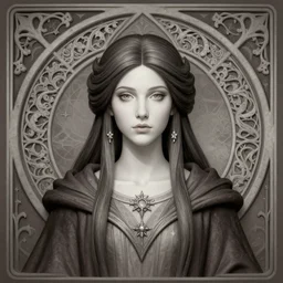 masterpiece symmetrical centered bust-view portrait, Maya Ali as D&D sorcerer, one head portrait, Neo-Gothic, Art Nouveau style, wizard robe, fantasy, delicate, elegant, in the style of Greg Rutkowski and Moebius and Mohrbacher and ROSSDRAWS and Ross Tran and Alphonse Mucha and Ayami Kojima and Charlie Bowater and Jean Delville, Pixar, Maya engine, splash comics, tarot card style, rich bright colours