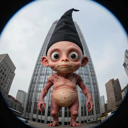 small endomorphic homunculus wearing dunce cap as tall as a skyscraper stares at the camera, fish-eye lens