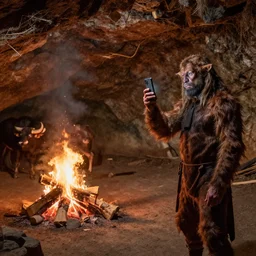 “colur photo an homo Neanderthal taking a photo with his iPhone in front of a cave to a fire coocking a bull, photoreal photojournalism, National Geographic style”