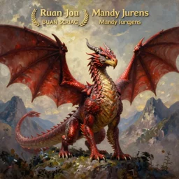 A red Wyvern standing with mountains in background, oil painting, detailed, high fantasy, by Ruan Jia and Mandy Jurgens