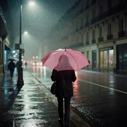 street of paris photography, night, rain, mist, a pink umbrella on the street, cinestill 8 0 0 t, in the style of william eggleston