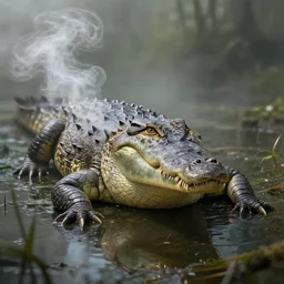 a masterpiece of a crocodile with steam coming from it's nostrils, misty swamp, cinematic, fantasy, hyper detailed, digital painting, 4 k realistic, trending on artstation, sharp focus, john banovich, photographer art wolfe, light source on left