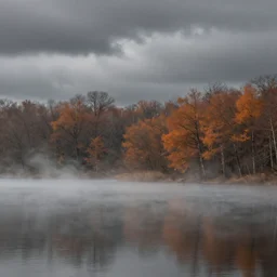 a lake in the foreground, dramatic gray atmosphere, high quality, fog on the water, trees with orange dry leaves in the background, gray clouds digital realistic illustration artem demura