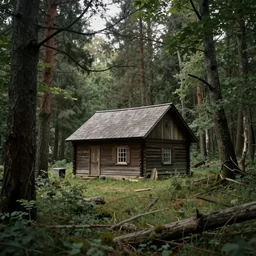 a single cottage in the woods and empty woods, 8k, fantasy, hyper realistic, atmospheric