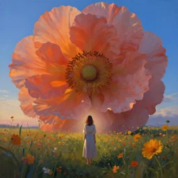 closeup, huge flower head, girl standing in a field of flowers, surreal photography, sunrise, blue sky, dramatic light, impressionist painting, digital painting, artstation, simon stalenhag