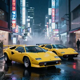 photograph of two different coloured lamborghini countach parked in a rainy neo tokyo street at night with neon light signs illuminating the scene, sharp focus, highly detailed, ray tracing, cinematic, moody, hdr, 4 k, incredible detail, epic, misty, slight bokeh