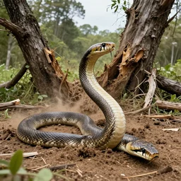 A realistic photo of a giant snake coming out of the ground and destroying trees