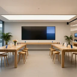 (2030s Microsoft retail interior. Mobile phones. large oak tables, empty stools, fragrant plants, large digital screens) muted palette, architectural photography, wide shot, XF IQ4, 14mm, f/1.4, ISO 200, 1/160s, 8K, RAW, unedited, symmetrical balance