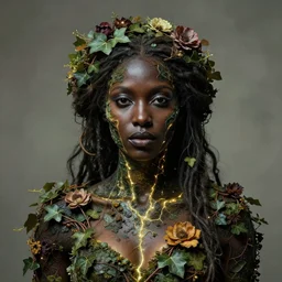 biblical daemonic black woman made out of ivy and flowers, glowing veins, rule of thirds, close - up, portrait by greg hildebrandt, studio lighting, muted colors, by terry richardson, by leonardo davinci, by beeple, ultrarelistic, extreme detail, caustics, trending on artstation, 8 k, octane renderer, rtx on