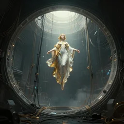 just only one lonely cyberpunk round portal!! bad omens, deathcore style of bonestell, chesley and casson, a. j. dramatic lighting. the ceiling is hung with chaotic cables, a grace goddess floating in white and gold in the center. cinematic. 8 k, houdini render, octane render. ultra clear detailed.