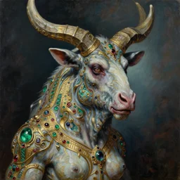 highly detailed sharp focus extremely hyperrealistic horrifying creepy 3 / 4 portrait oilpainting of minotaur lady mythical portrait by michael hussar in style of michael hussar and rene lalique artnouveau ceramic effect gild and ruby and emerald jeweled gild strips in style of ali franco's paintings and layers of fear memento mori 8 k