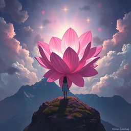 giant pink flower as a head, girl standing on mountain, surreal photography, stars, dramatic light, impressionist painting, storm clouds, digital painting, artstation, simon stalenhag
