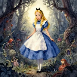 alice in wonderland, intricate watercolor illustration, mistic atmosphere, scarry, octane render, intricate, hyper detailed, morning light, well rendered