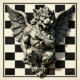 [Brutalist gargoyle adorned with checkered flag. Propaganda poster!, intricate, elegant, highly detailed, digital painting, artstation, concept art, matte, sharp focus, illustration, art by Enki Bilal]