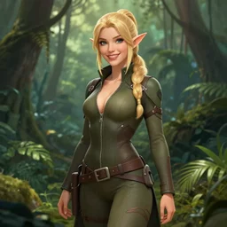 full body portrait of blonde elf, female, in a jungle, spy catsuit, open zipper, long ponytail, happy face, high fantasy, dnd, face details, extremely detailed, smooth, sharp focus, digital illustration, by artgem, rossdraws, sakimichan