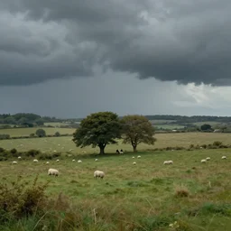 artwork of the cinematic view of a landscape normandy by pablo picasso, de - noise, stormy weather, couple of groves, sheep pasture, landscape view, depth of field, trending on artstation, background, nature