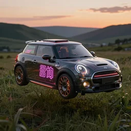 full shot of a box - shaped sci - fi flying vehicle made from dark glass and plastic surfaces with neon kanji decals in the style of bladerunner 2 0 4 9, mini cooper s, side lights, studio lighting, octane render, background a grass at sunset in a valley