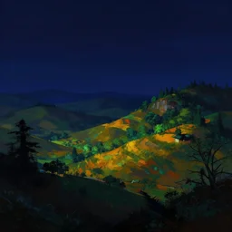 Sci-Fi dark high contrast nighttime colorful wallpaper of a beautiful painted landscape digital art, trending on artstation, 4k, high detail, no noise, low light