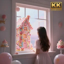 ( a house made of sweets has a window that overlooks other worlds and universes, a girl from the back looks through the window ) by noah bradley, photorealistic, dynamic lighting, beautiful, trending on artstation, wallpaper, dream, 4 k, award winning, lovely pastel colors, ethereal, elegant