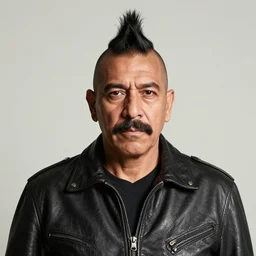 front medium portrait of a middle - aged mexican man with a mohawk haircut, moustache, wearing a leather jacket, blank background, rembrandt lighting, detailed, by kehinde wiley, kadir nelson, andrew wyeth