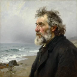 high detail high quality painting portrait of wise man looking at the coast with fog by bouguereau and ilya repin