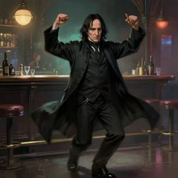 Severus Snape is dancing in a bar, realistic, digital painting, artstation, cyberpunk