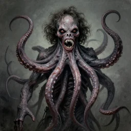 jack black's horror version. an unnatural abomination with long teeth, many tentacles, and gray skin. grunge, horror, dmt, dark and muted colors, detailed airbrush art, by yves klein