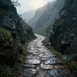 very beautiful concept art of a curved Rocky path in the mountains in a sunny but still rainy day, high details, artstation art, night, professional light