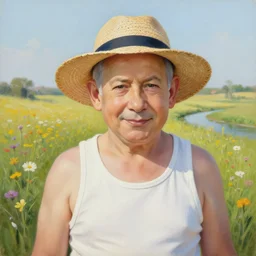 insanely detailed painting of benjamin netanyahu wearing a tank top and a strawhat in a flowery field, small river in background, serene, aesthetic, elegant, nature painting, happy, cute, by robert hagan and mark keathley
