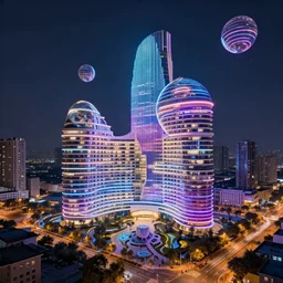 metaverse resort in a city, led strips floating spheres, illuminatedcolors,, zaha hadid,