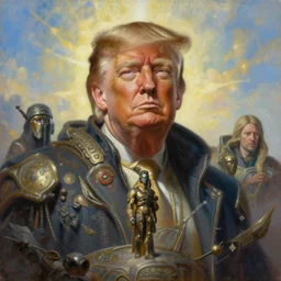 portrait oil painting, perfect expression, subconscious connects, purified consciousness, riddick, hyperion, emperier god king donald j trump, fantasy character portrait, ultra realistic, wide angle, intricate details, mass effect, artifacts, luminous skies, highly detailed, michael cheval, peter mohrbacher, boris vallejo, jessica rossier, oil painting, highly detailed, cinematic lighting, unreal, natural tpose