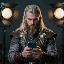 Beautiful portrait photo Photograph of Odin using a smartphone, studio lights, stock photo