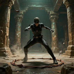 Neo Matrix film dodges an arrow trap in an ancient temple, artstation