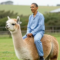 Obama wearing a pajama on a llama