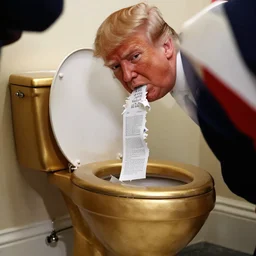 donald trump flushing classified documents into golden toilet, mouth full of ripped chewed up paper, photo by reuters