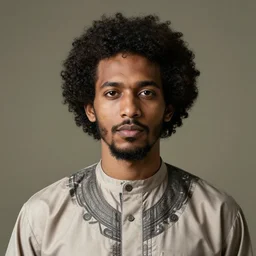 east african man with curly hair, muslim man portrait, symmetrical, by oscar esteves