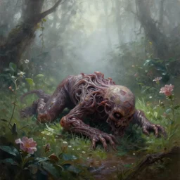 psychological horror movie still, amorphous life form crawling in a garden in a foggy morning. oil painting, indie concept art, bloom, chiaroscuro, backlighting, intricate details, depth of field.