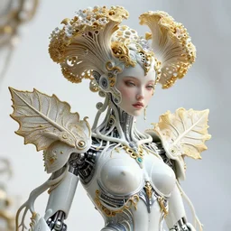 intricate hyper detailed ultra sharp focus 3 d render of a beautiful smooth porcelain fascinating cyborg woman portrait, seductive look, medium shot portrait, beautiful natural bright light, alexandre ferra mecha, haute couture huge fractal gold mycelum and crystal pore fungi head ornaments, big embroidered leaves stems filigree spreaded roots, cyberpunk white silver armor, art nouveau, octane render, volumetric cinematic lighting, 8 k, vray tracing