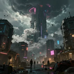 photo environement of a cyberpunk slum rising and piercing the clouds, 4 k rtx hdr volume light concept studio matte painting environement digital illustration style cyberpunk 2 0 7 7 artstation artur tarnowski, mihai muscan, marcin tomalak, marta leydy, marcin stepien, charlotte hughes, zuzanna dabrowa neon bioluminiscence